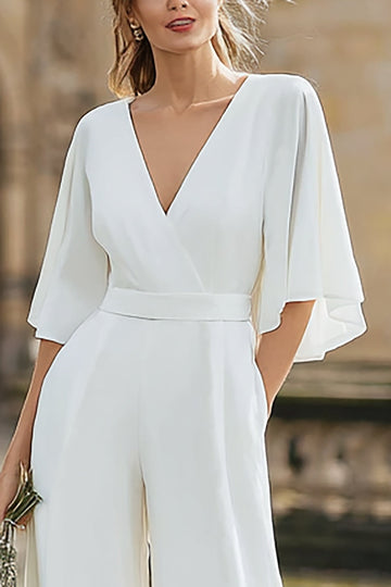 Simple Ivory V-Neck Wedding Jumpsuit with Pocket